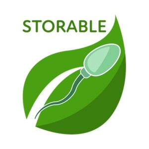 STORABLE logo, a green spermatozoa on a green leaf.